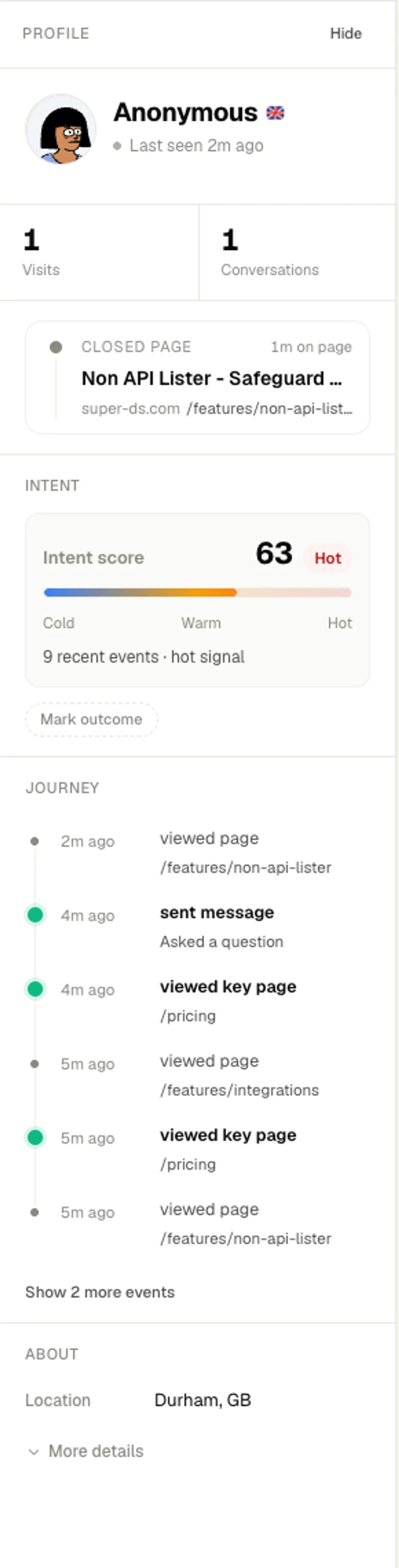 KalTalk intent panel showing a score of 63 with a hot signal, built from a journey of nine events including two pricing page views
