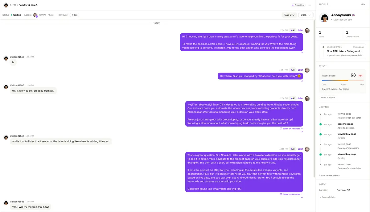 KalTalk dashboard showing a proactive AI sales conversation that ends with the visitor starting a free trial, with a hot intent score of 63 in the side panel