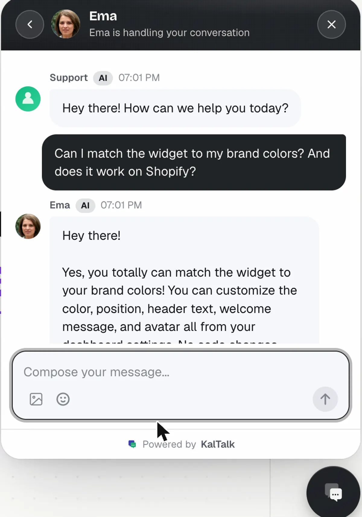 KalTalk chat widget on a website answering a customer question about brand colors with a grounded AI reply