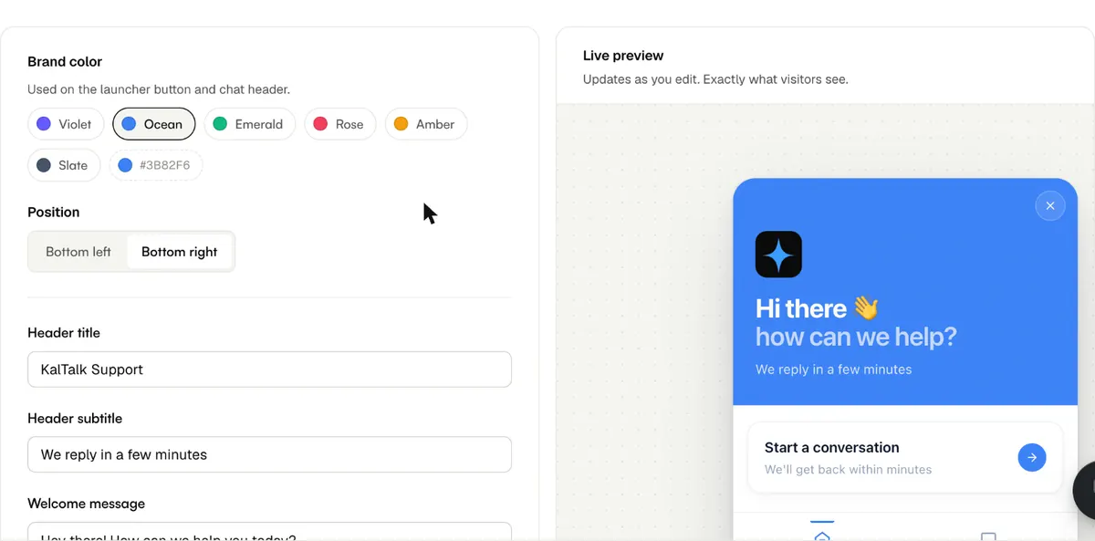 KalTalk widget settings with brand color swatches, position control, and a live preview updating in real time