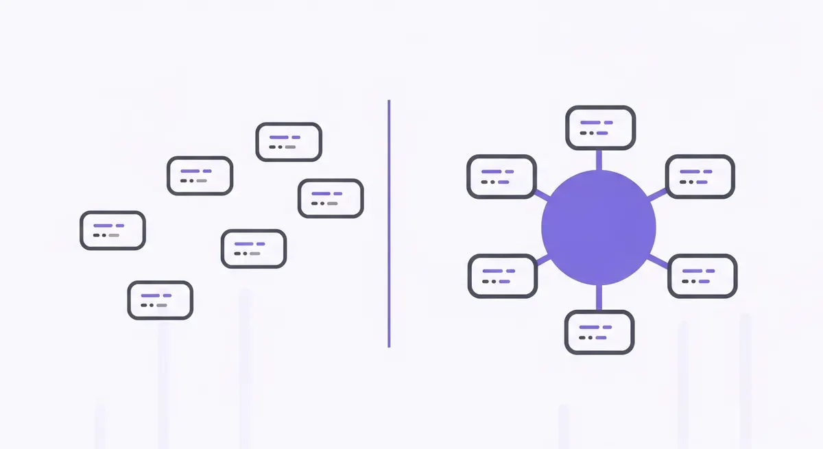 Multichannel scattered tools on the left versus omnichannel rectangles wired to one central agent on the right